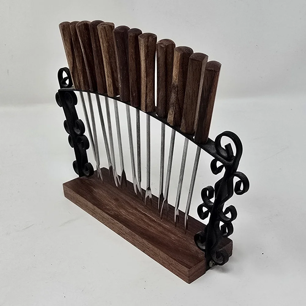 Vtg MCM 12 rosewood‎ handle appetizer cheese cocktail forks picks w/stand Japan